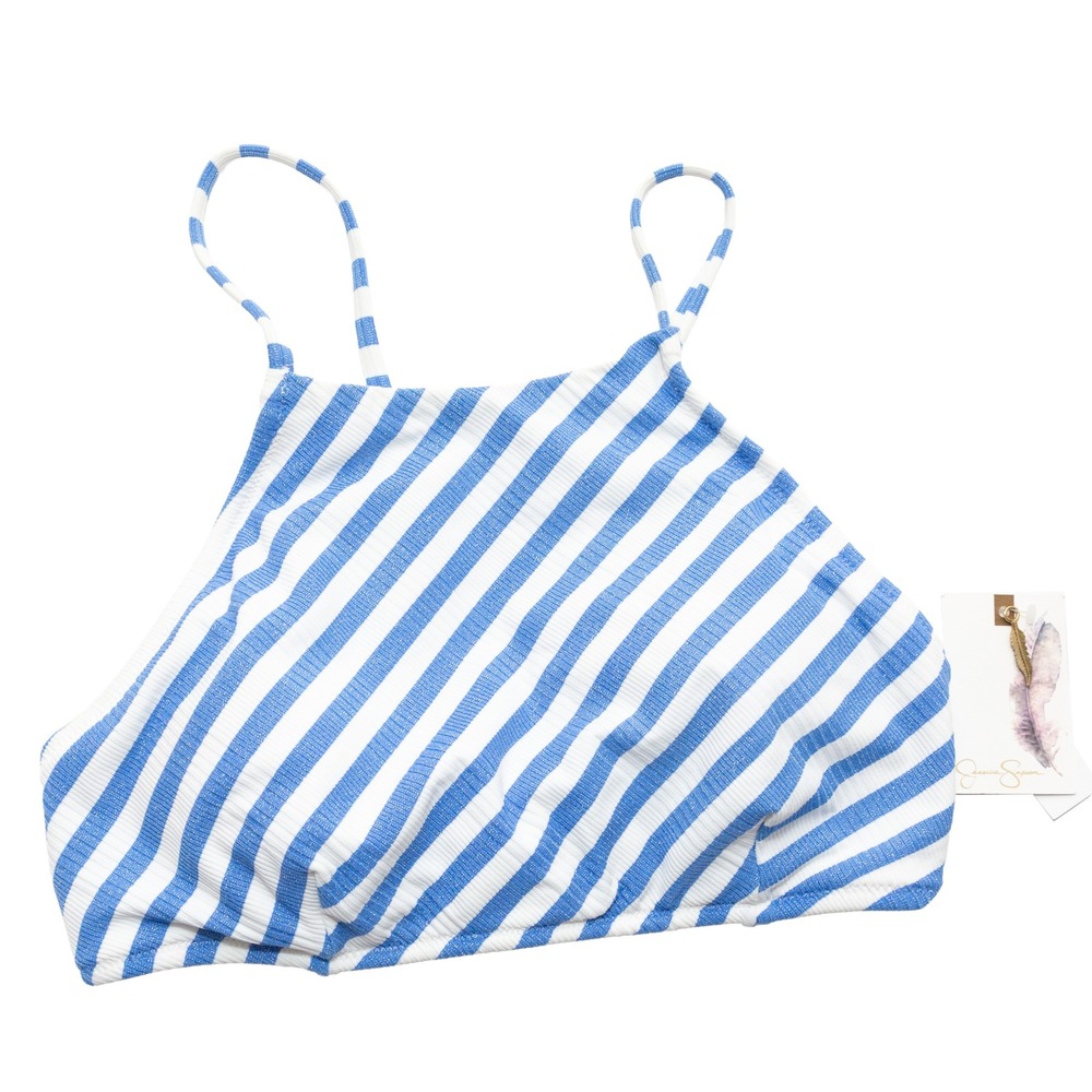 Jessica‎ Simpson Bikini Top Juniors Medium Blue White Striped Metallic Halter